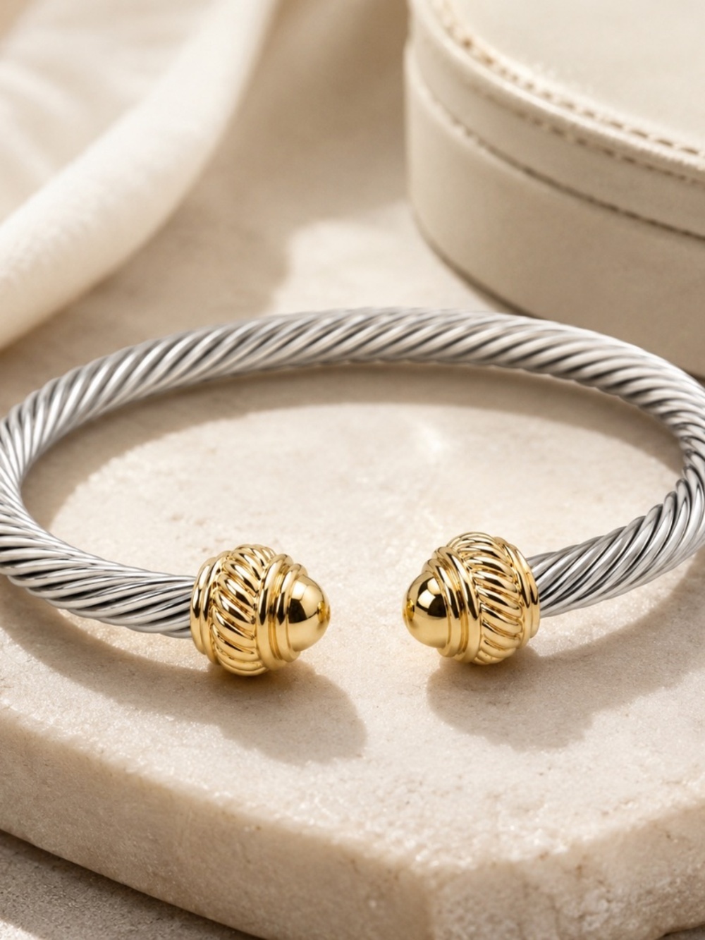 Two-Tone Twisted Cable Cuff Bracelet - Silver and Gold - Picture 6 of 8